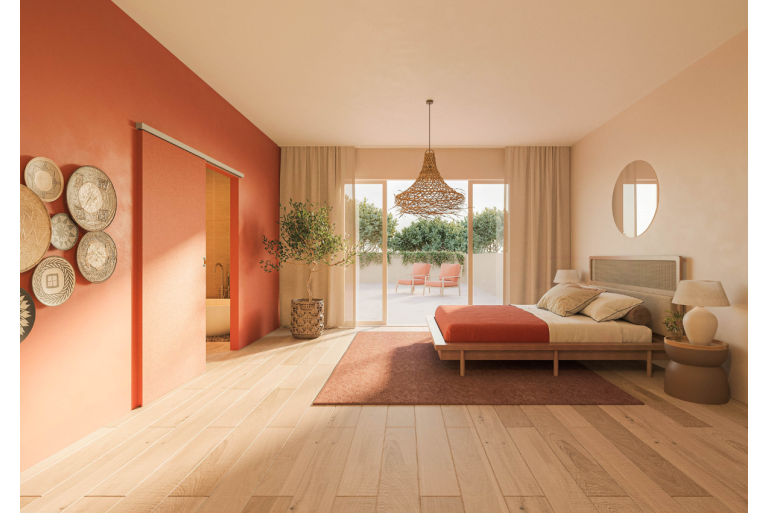 Een moderne slaapkamer met een open houten schuifdeur naar een aangrenzende kamer